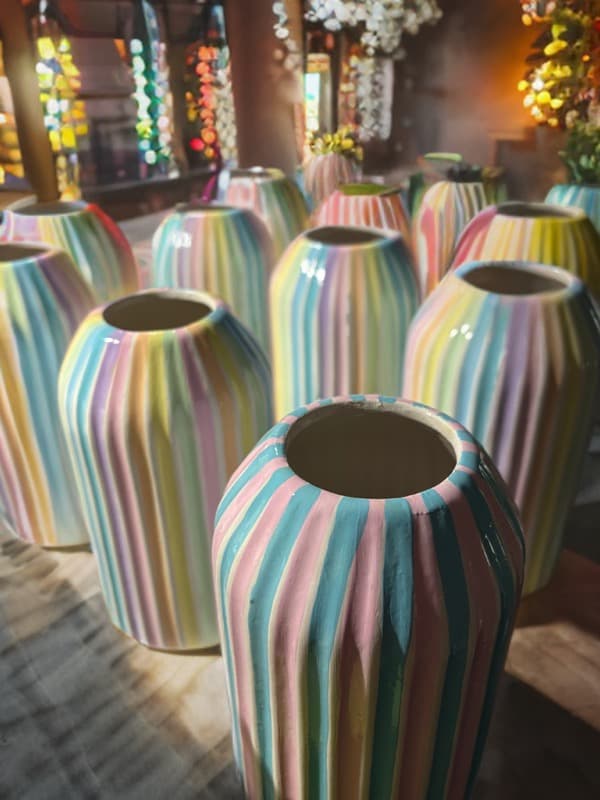 Rainbow striped ceramic vases